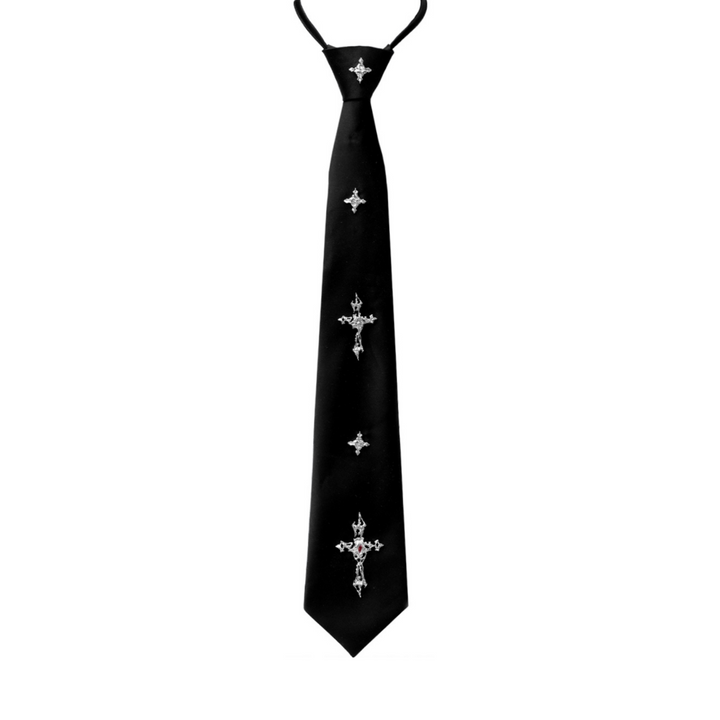 a black neck tie with crosses on it