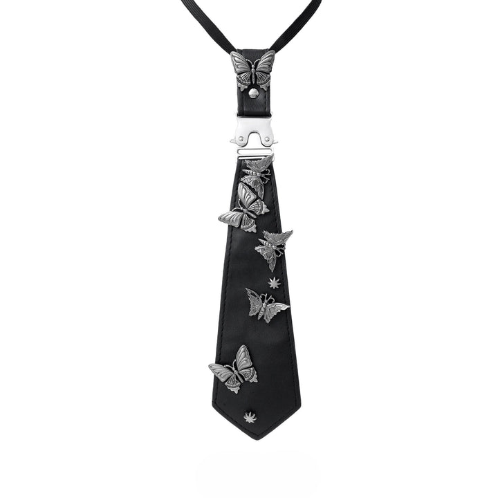 a black neck tie with butterflies on it