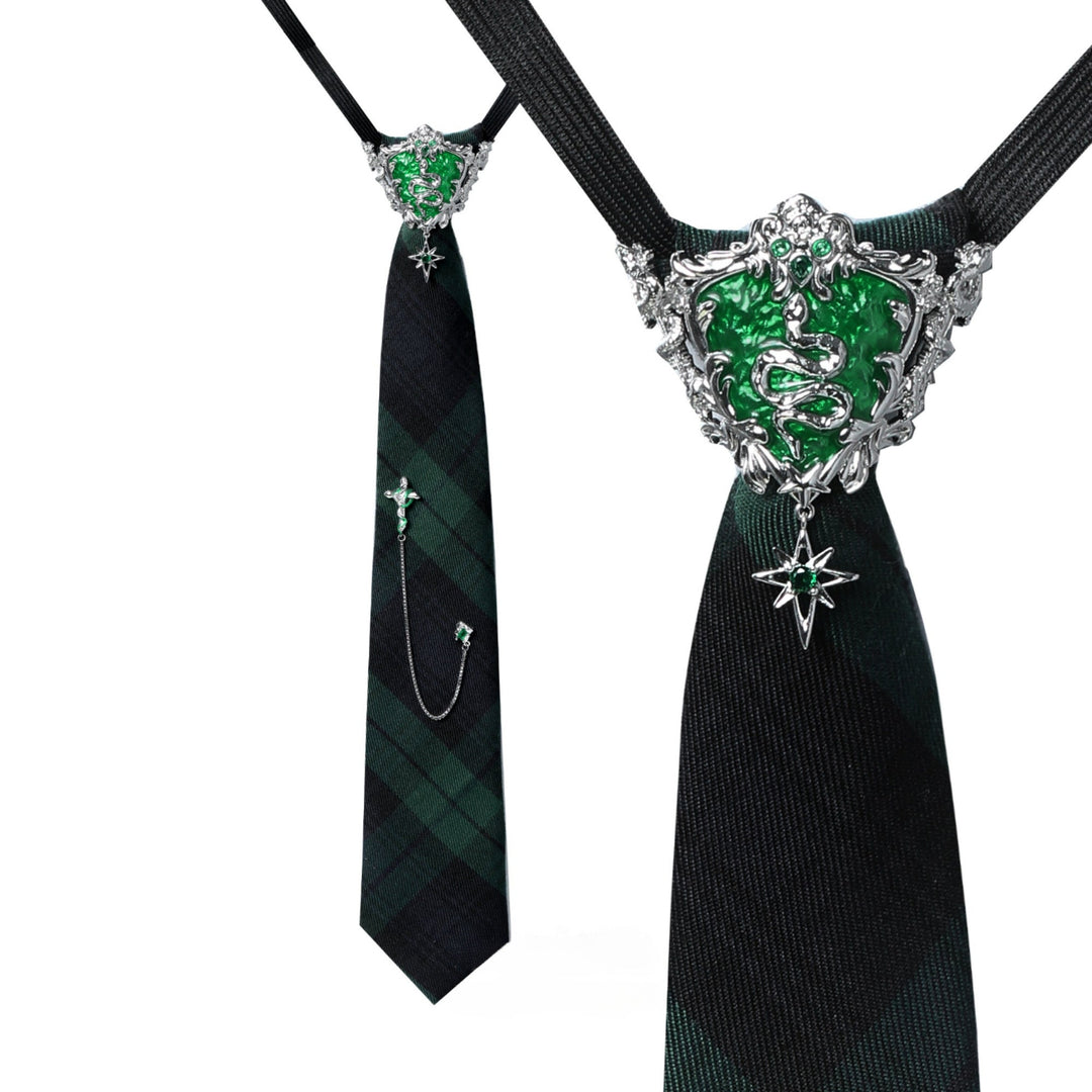 a black tie with a green and white design on it